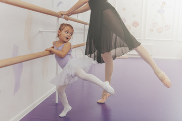 Graceful ballerina teaching ballet to adorable little girl in tutu and leotard. Cute little girl...