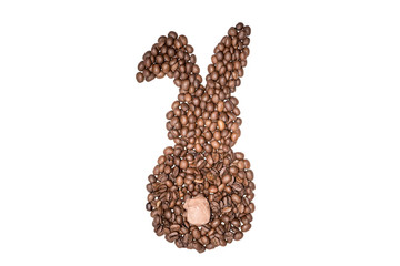 Easter bunny made of freshly roasted coffee beans and ice cream ball on a white background....