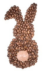 Easter bunny made of freshly roasted coffee beans and ice cream ball on a white background. Creative easter concept.