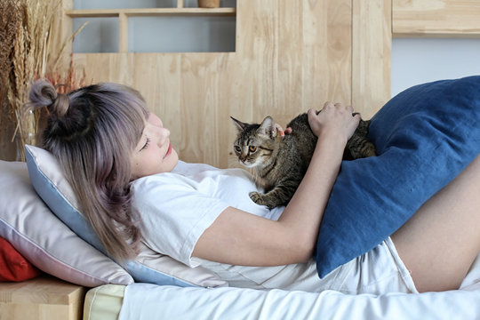 Cat Lover Concept. Beautiful Asian Woman Sitting On Sofabed And Carrying A Cat On His Hand With Love. Cute Girl And Cat.