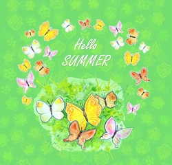 Beautiful hand-drawn summer background. Watercolor colorful butterfly dance.Banner for yout text.
