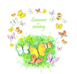 Beautiful hand-drawn summer background. Watercolor colorful butterfly dance.Banner for yout text.