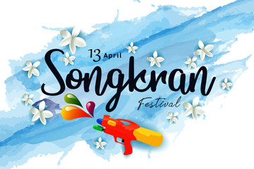 Amazing songkran festival with water gun of Thailand on water background, Vector illustration.