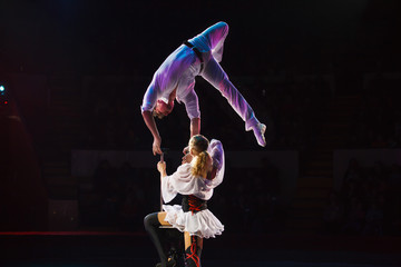 performance of air acrobats in the circus.