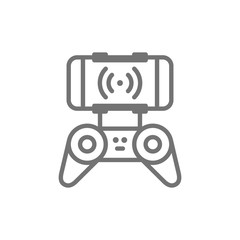 Mobile control panel for drone with radio waves, remote controller, gamepad line icon.
