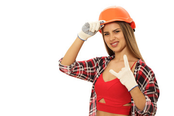 Happy beautiful female builder laughing showing sign of horns isolated on white copy space. Cool...