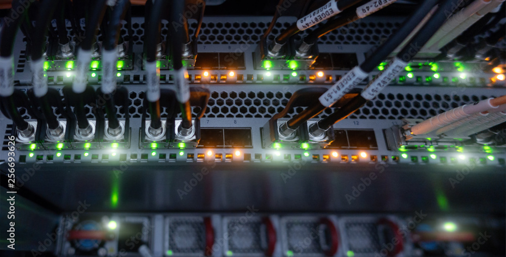 Poster information technology computer network. internet connection and telecommunications. cables close up