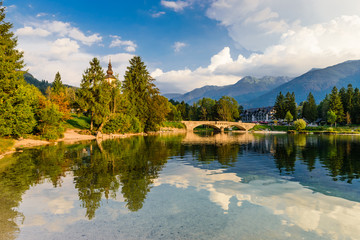 Beautiful Slovenian landscape. Bohinj Lake with turquoise water. Triglav National Park, Julian Alps, Slovenia.