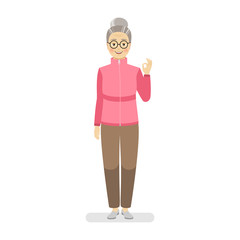Happy grandmother in a sports pink sweater and brown pants shows a gesture perfectly. Hand gesture fine. Flat vector illustration.