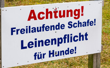 Warning Sign "Freilaufende Schafe. Leinenpflicht für Hunde" warn in german about the danger meeting of dog and sheep on the Island. Located in List auf Sylt, Schleswig-Holstein, Germany.