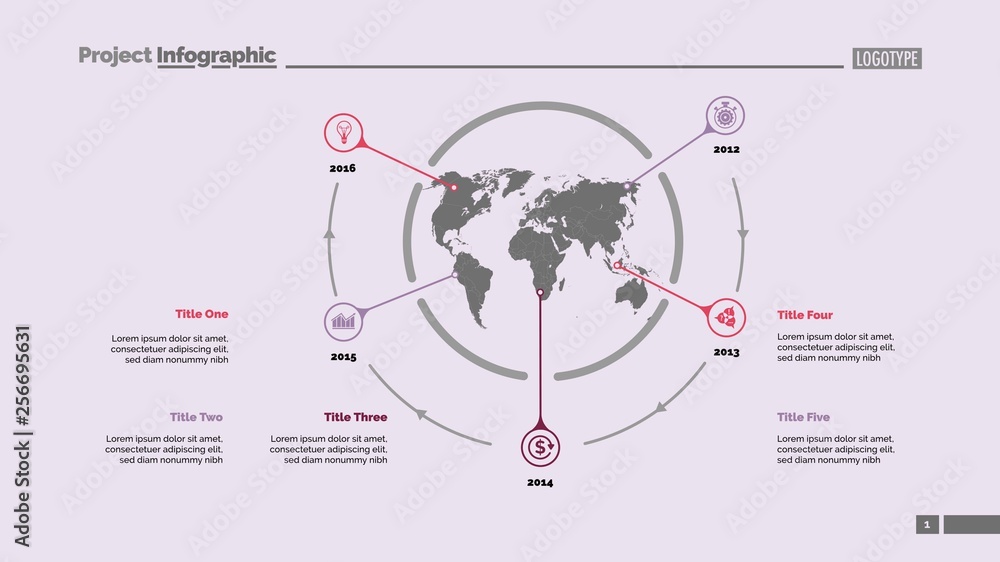 Poster five world map items slide template