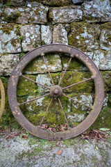 Wheel against a mossy wall