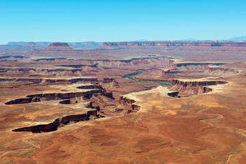 Aerial view of canyon and Green River from Green River Overlook in Canyonlands National Park, Moab, Utah, USA.