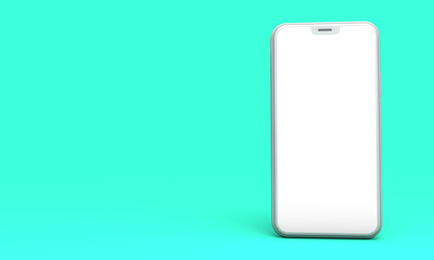 Smartphone mockup with blank white screen on a green background. 3D Render