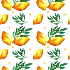 Watercolor seamless pattern with lemons and leaves. Lemons on a white background. Watercolour illustration.