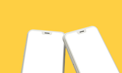 Smartphone mockup with blank white screen on a yellow background. 3D Render