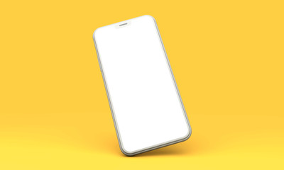 Smartphone mockup with blank white screen on a yellow background. 3D Render