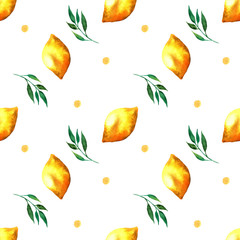 Obraz premium Watercolor seamless pattern with lemons and leaves. Lemons on a white background. Watercolour illustration.
