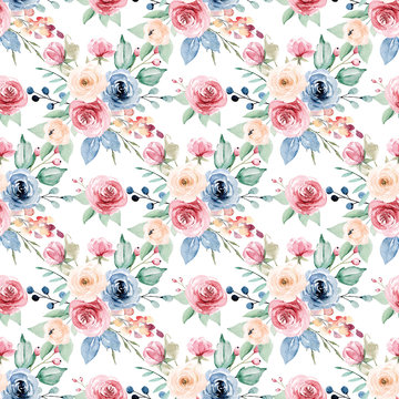 Seamless pattern with watercolor flowers roses, repeating floral background hand drawing. Perfectly for web design, greeting, wedding card, wallpaper, fabric, texture and other printing.