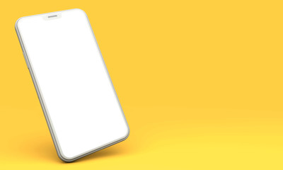 Smartphone mockup with blank white screen on a yellow background. 3D Render