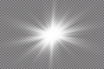 White glowing light explodes on a transparent background. with ray.  Transparent shining sun, bright flash.  Special lens flare light effect.