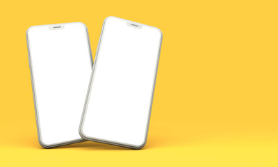 Smartphone mockup with blank white screen on a yellow background. 3D Render