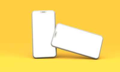 Smartphone mockup with blank white screen on a yellow background. 3D Render