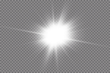 White glowing light explodes on a transparent background. with ray.  Transparent shining sun, bright flash.  Special lens flare light effect.