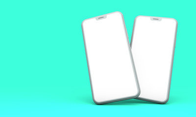 Smartphone mockup with blank white screen on a green background. 3D Render