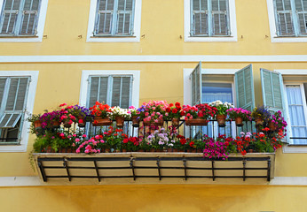 Typical windows with open wooden shutters and balcony, decorated with fresh colorful Flowers of medieval House in Nice, Provence, France.