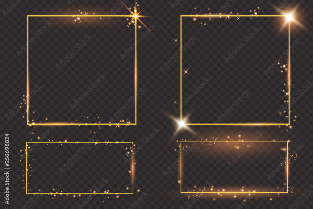 Poster Vector golden frame with lights effects. Shining rectangle banner. Isolated on black transparent background. Vector illustration, eps 10