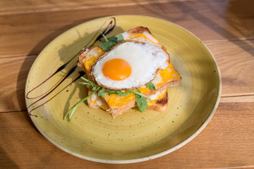 Delicious egg toast breakfast served on a plate