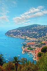 Cote d'Azur France. View of luxury resort and bay of French riviera - Villefranche-sur-Mer is situated between Nice city and Monaco. Mediterranean Sea