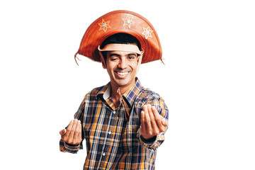Brazilian man wearing traditional clothes for Festa Junina - June festival - isolated on white background