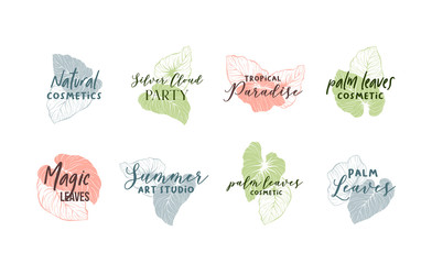 Palm leaves logo template set. Calligraphic logotypes pack. Organic, natural cosmetics store, summer art studio sign. Exotic, tropical monstera minimalistic drawing. Handwritten cursive lettering © ilonitta