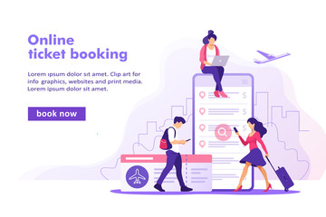 Flight tickets online booking concept. Buying ticket with smartphone. Vector illustration.	