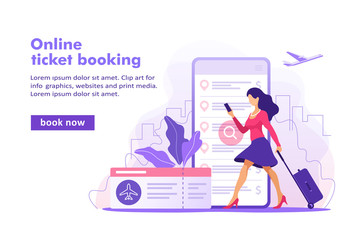 Flight tickets online booking concept. Buying ticket with smartphone. Vector illustration.	