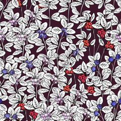 red and blue Vector seamless cowberry berries with white leaves and sprigs on a dark background