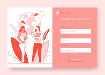 Modern cartoon flat people characters friends talking concept scene ready to use for mobile app,sign in,create account,internet page registration online form.Media social network web page concept