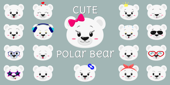 Cute polar bear, mega set of head of different emotions. Cartoon style, flat design, vector illustration