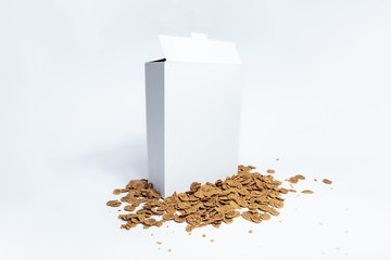 White generic cereal box, studio shot. Blank carton instant breakfast package on white background