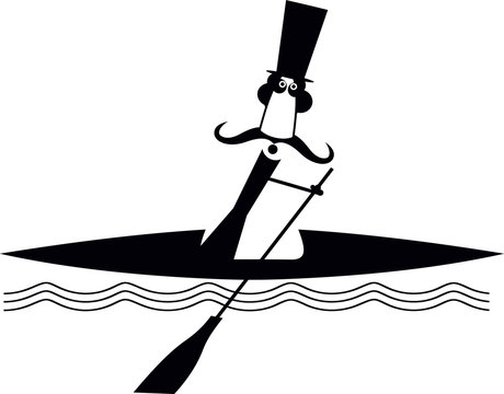 Boating long mustache man illustration. Comic long mustache man in the top hat floating on the waves on a boat