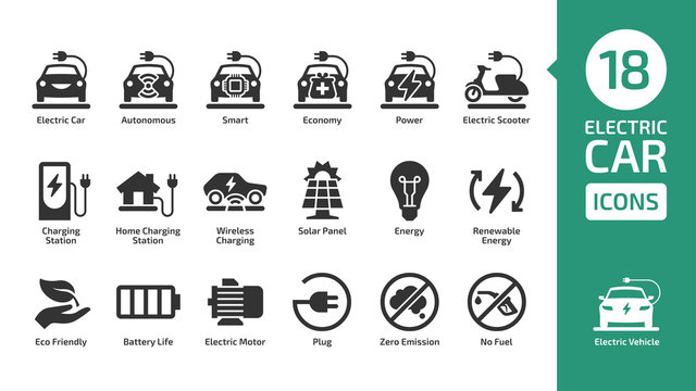 Electric car icon set with charger station, battery power and plug. Electricity vehicle shape pictogram collection.