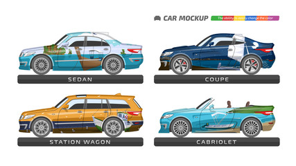 Car vector template with marine graffiti on board. Isolated sedan, station wagon, coupe and cabriolet mockup. Vehicle branding and advertising blank.