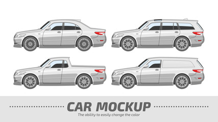 Car vector template on white background. Isolated business sedan, station wagon, utility coupe and panel van mockup. Vehicle branding and advertising blank. The ability to easily change the color.