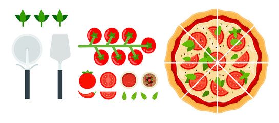 Sliced ​​Margarita pizza with tools and tomatoes flat icon vector isolated