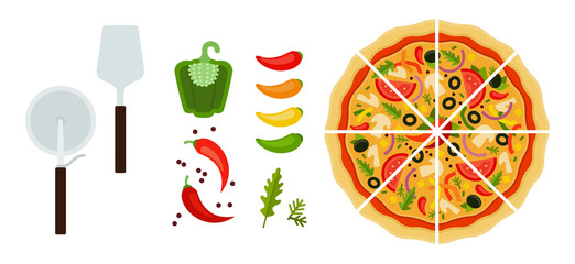 Sliced ​​Mexican pizza with tools and peppers flat icon vector isolated