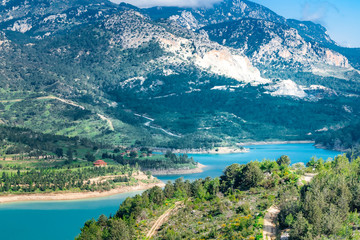 Beautiful landscape in North Cyprus. Storage water reservoir in the mountains