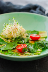 zucchini grill with tomatoes and cream cheese, sauce and micro-greens (warm salad appetizer). food background. copy space
