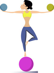 Woman with lithe figure does exercises with the balls vector illustration. Young woman standing on the ball and doing exercises with the balls in both hands isolated on white illustration